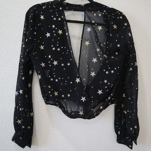 Lovers + Friends Black Sheer Blouse W Gold Glittery Stars Wrap Front Cutout Back